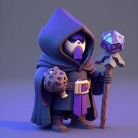 Mage with purple hood and staff in hand, fire style. Digital illustration. AI photo