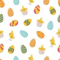 Cute chick appears from egg. Easter traditional symbols pattern design. Seamless background graphic print. Colorful easter eggs decorative festive concept. Hand drawn flat vector illustration isolated