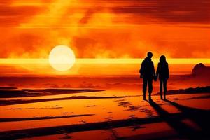 Loving couple embracing and looking moon on the beach in sunset sky background  illustration. Love, happy valentine's day, honeymoon and wedding concept AI photo