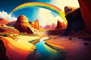Great American Desert Psychedelic Art 1960s, 1970s Style, Mountains, Desert, Clouds, Rainbow, Psychedelic Colors AI photo