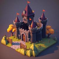 Medieval castle 3d scenery with towers and trees. Digital illustration. AI photo