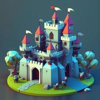 Medieval castle 3d scenery with towers and trees. Digital illustration. AI photo