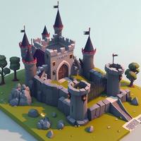 Medieval castle 3d scenery with towers and trees. Digital illustration. AI photo