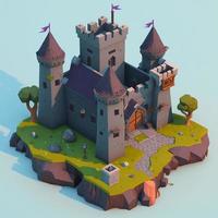 Medieval castle 3d scenery with towers and trees. Digital illustration. AI photo