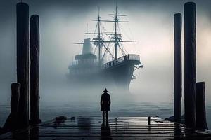 hombre en el Puerto en el niebla ai foto