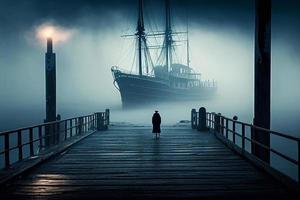 hombre en el Puerto en el niebla ai foto