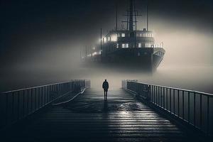 hombre en el Puerto en el niebla ai foto