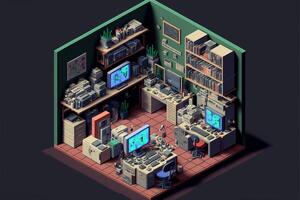 Gamer room with computers, isometric view inside. photo