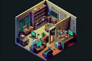 Gamer room with computers, isometric view inside. photo