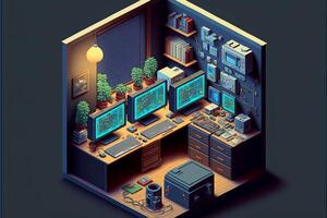 Gamer room with computers, isometric view inside. photo