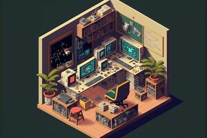 Gamer room with computers, isometric view inside. photo