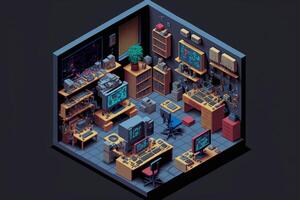 Gamer room with computers, isometric view inside. photo