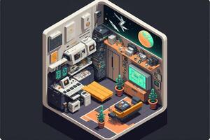Gamer room with computers, isometric view inside. photo
