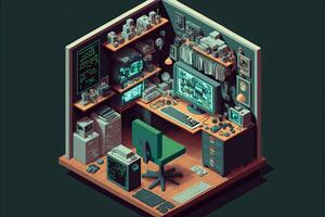 Gamer room with computers, isometric view inside. photo