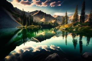 Landscape with mountains, lake and fir-tree. Mountain river. Tourism and travelling. design. Background for web page, internet site AI photo