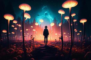 Collection of cartoon-style magic fantasy mushrooms glowing in the dark isolated, Large Mushrooms Collection for your Fantasy or Sci-Fi projects, Mushrooms Fantasy Imagination. AI photo