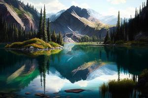 Landscape with mountains, lake and fir-tree. Mountain river. Tourism and travelling. design. Background for web page, internet site AI photo