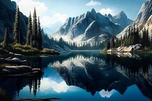 Landscape with mountains, lake and fir-tree. Mountain river. Tourism and travelling. design. Background for web page, internet site AI photo