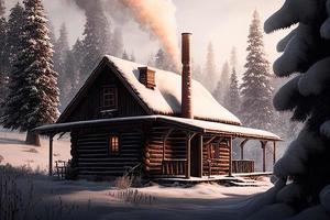 Winter mountain landscape with wooden house, chalet, snow, illuminated mountain peaks, hill, forest,  flat illustration. Winter landscape and winter holiday hut. Merry christmas card with house. AI photo