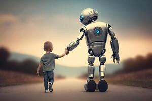Giant robot and child walking together at sunset. Best friends. Friendship between artificial intelligence and people. Created with photo