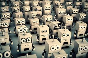 Robot crowd in rows. Robot army. Created with photo