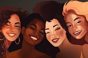 Multiracial women standing together and smiling at camera, flat style. Portrait of interracial female models. Diversity concept. Created with photo