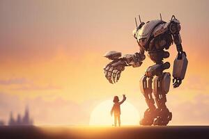 Giant robot and child walking together at sunset. Best friends. Friendship between artificial intelligence and people. Created with photo