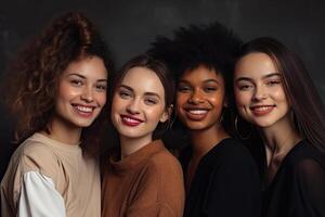 Multiracial women standing together and smiling at camera. Portrait of interracial female models. Diversity concept. Created with photo