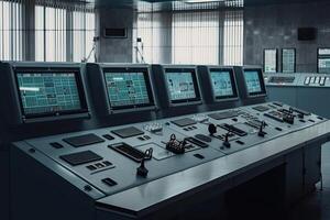 Central control panel. Operator workplace with a lot of screens and buttons for monitoring technology process at production line. Created with photo