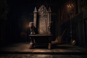 Empty royal throne in dark castle hall. Fantasy medieval throne for king. Created with photo