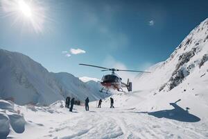 Search and rescue operation in mountains. Medical rescue helicopter landing in snowy mountains. Created with photo