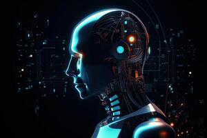 Visualizatipon of human consciousness in artificial intelligence, process of thinking robot. Humanoid android on dark background with neurals connection. Created with photo