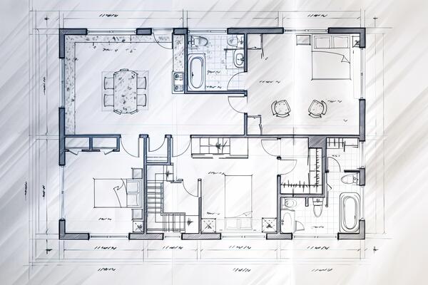 Architectural plan on white paper. Technical project of living room. Drawing  for construction. Created with Generative AI 21982127 Stock Photo at  Vecteezy