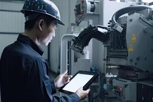 Engineer with tablet computer at factory workplace. photo