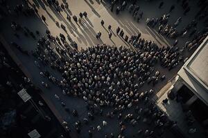 Protesting crowd at city street. Protesting people marching at city, aerial view. photo