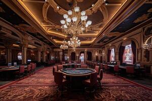 Luxury casino interior with playing tables. Gambling addiction. Created with photo