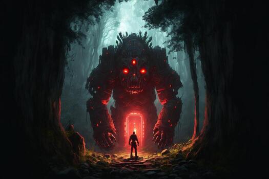 Giant stone golem in the middle in the forest, green fog. photo