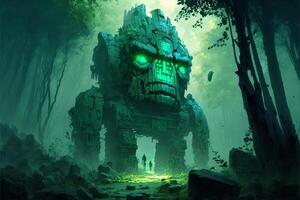 Giant stone golem in the middle in the forest, green fog. photo