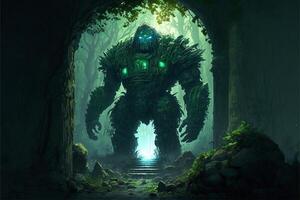 gigante Roca golem en el medio en el bosque, verde niebla. generativo ai foto