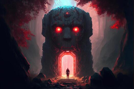 Mystical portal in the forest in the form of a golem's head, red mist. photo
