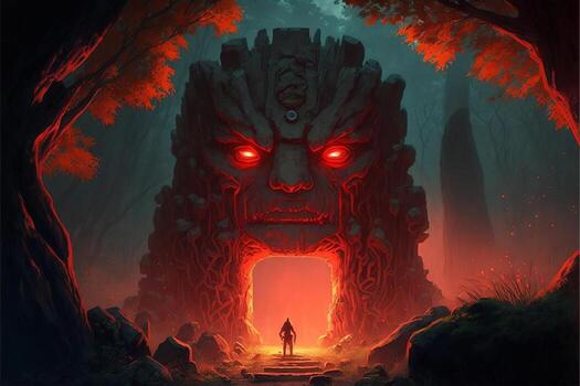 Mystical portal in the forest in the form of a golem's head, red mist. photo