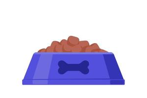 Dog dry food bowl. Bowl with bone drawing on it. Violet pet bowl with dry food. Vector illustration.