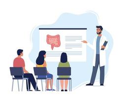 Doctor gives a training lecture about anatomy for students. Doctor presenting human intestine infographics. Online medical seminar, lecture, healthcare meeting concept. Vector illustration.