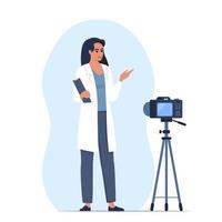 Doctor records video with training medical lecture, standing in front of the camera. Online medical seminar, lecture, healthcare meeting concept. Vector illustration.