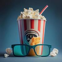 bucket of popcorn with glasses image in sky blue background photo