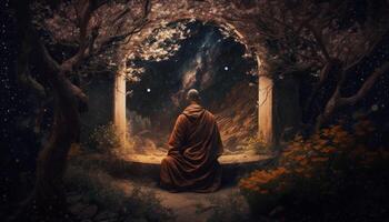 a monk meditating in a garden with a galaxy view photo