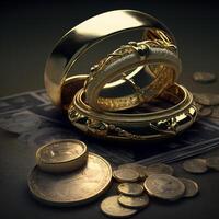 gold jewellery rings and gold coins image photo