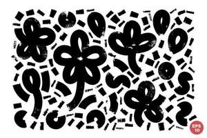 Ink brush drawn stylised minimalistic modern floral vector set. Hand drawn simple botanical shapes. Curly brush strokes, marker scrawls as graphic design elements set.