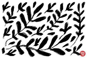 Vector set of ink hand drawn botanical elements, branches with leaves, monochrome artistic botanical illustration. One color artistic floral graphic collection.