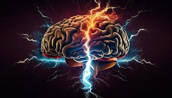 brain with lightning concept think AI photo